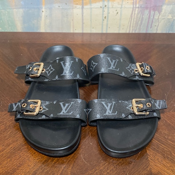 Louis Vuitton Paris Monogram Double Strap  Buckle Sandals Black EU size 39 - Picture 1 of 9